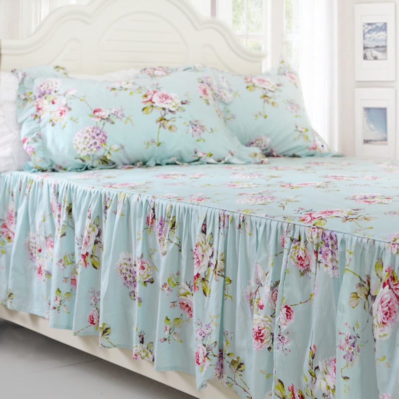 FADFAY Shabby Floarl Cotton Bedding Set Queen 4-Pieces Light Blue Hydrangea Print Duvet Cover Set with Bedskirt French Country Style with Ruffle -1 Duvet Cover, 1 Bedskirt, 2 Pillowshams - Image 3